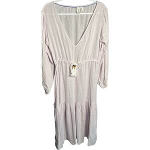 Joie Sz S Linen Long Sleeve Tiered Midi Dress Lavender Beaded Rope Boho Tradwife
